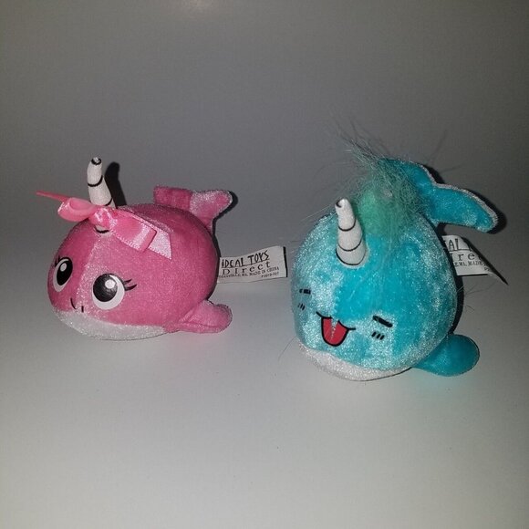 2 Narwhal Plush Lot Blue Pink Ocean Stuffed Animal Lot Ideal Toy Direct Small 4" - Picture 1 of 9